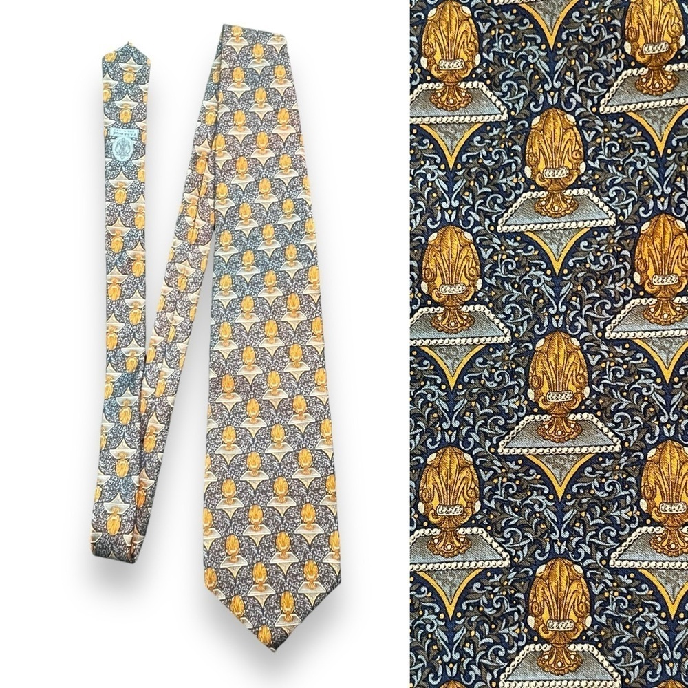 Faberge Silk Neck Tie #63 Imperial Easter Egg Print Blue Gold Made in USA Office